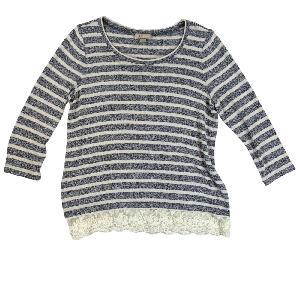 LOFT Navy White Striped Lace Hem Knit Top 3/4 Sleeve Scoop‎ Neck Sweater